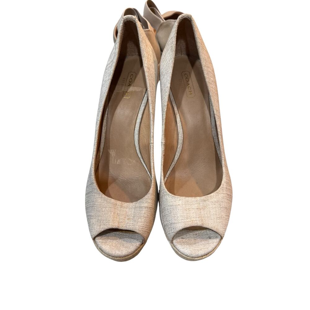 Coach Ivory Canvas Espadrille Wedge Heels Peep Toe Platform Shoes Size 9.5